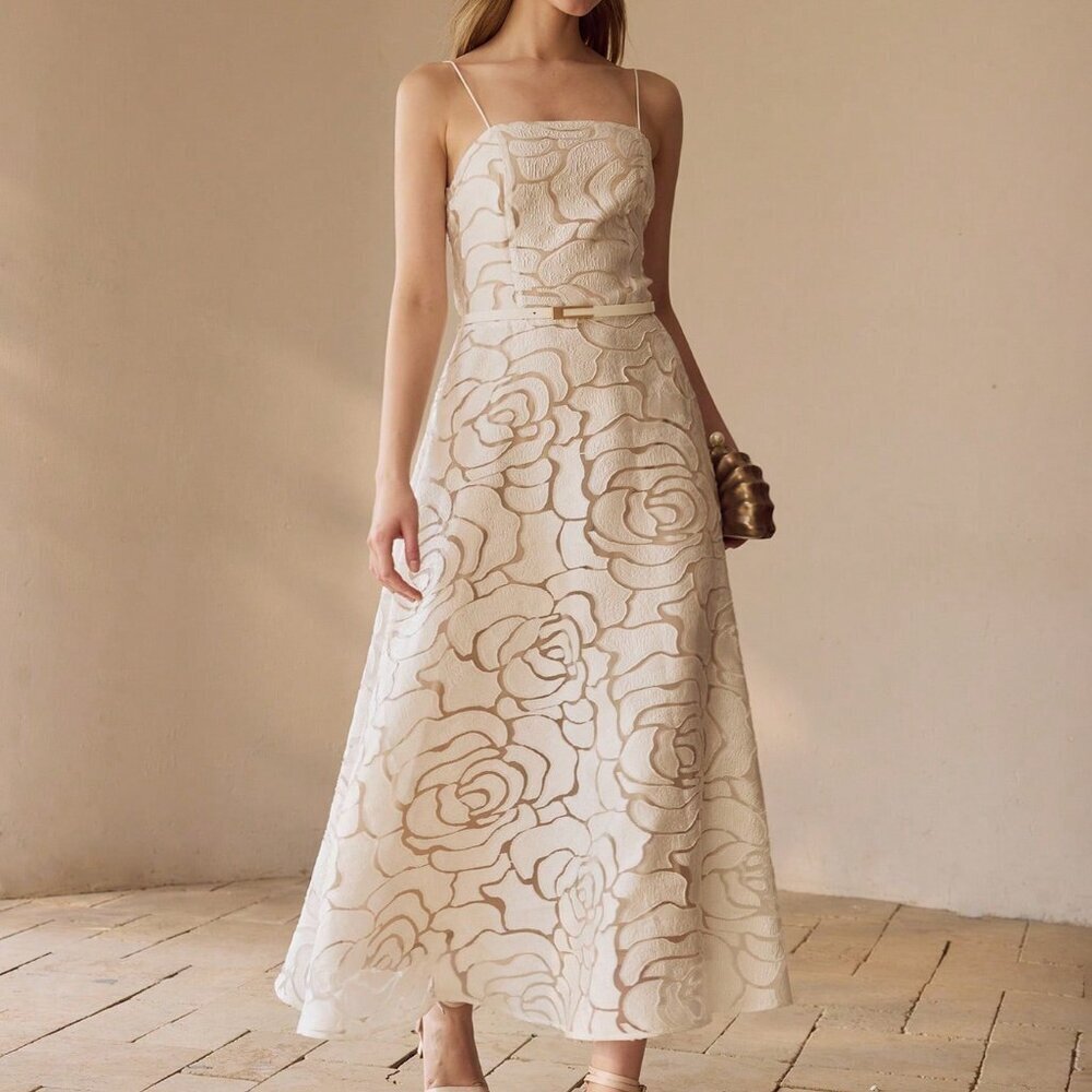 White Elegant Women's French Strapless Floral A-Line Dress - Picture 3 of 6